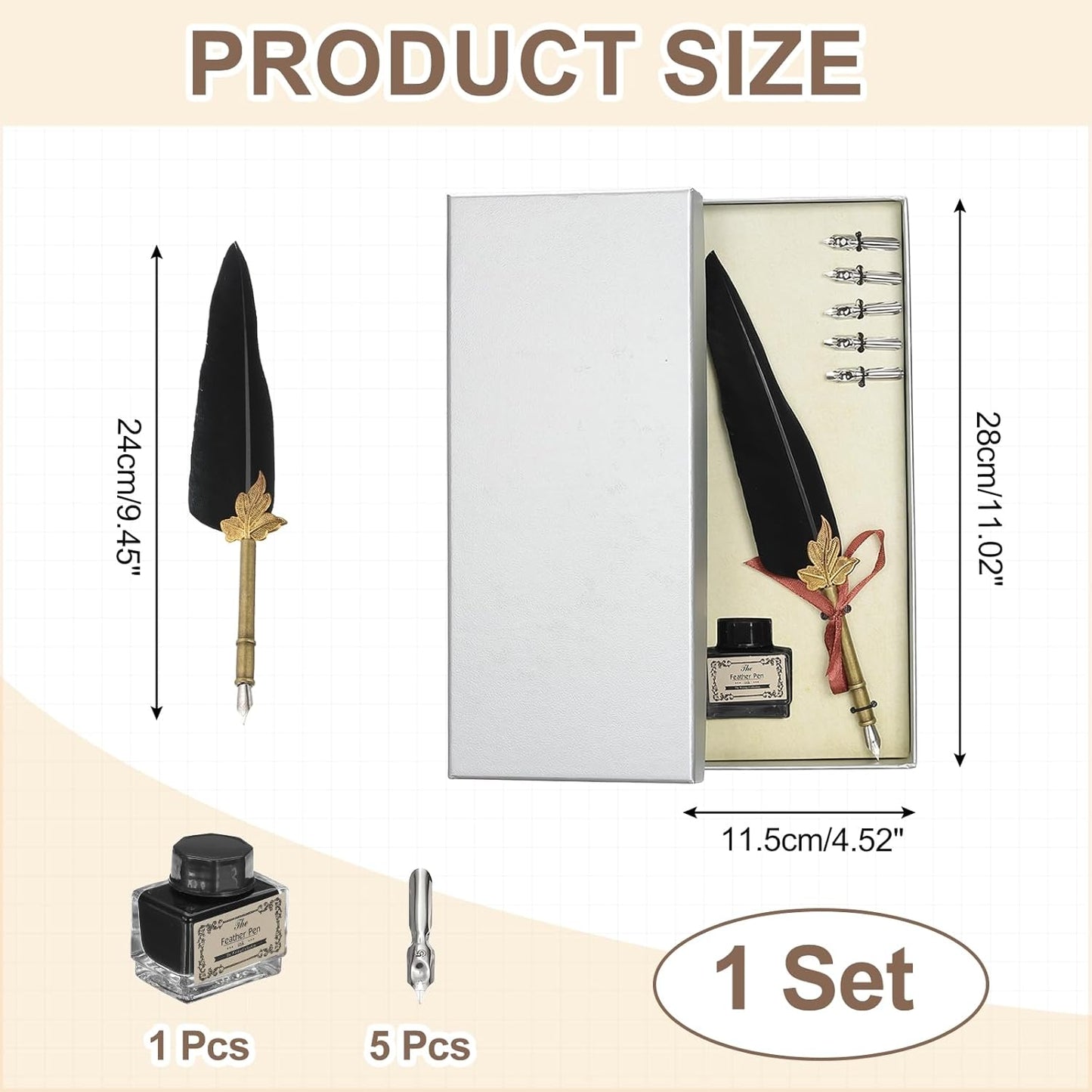 PATIKIL Feather Quill Pen Set, 1 Set Vintage Feather Calligraphy Pen Fountain Dip Pen Set with Ink, Pen Holder and Replacement Nibs for Beginner Writer Writing Gift, Black(Silver Box)