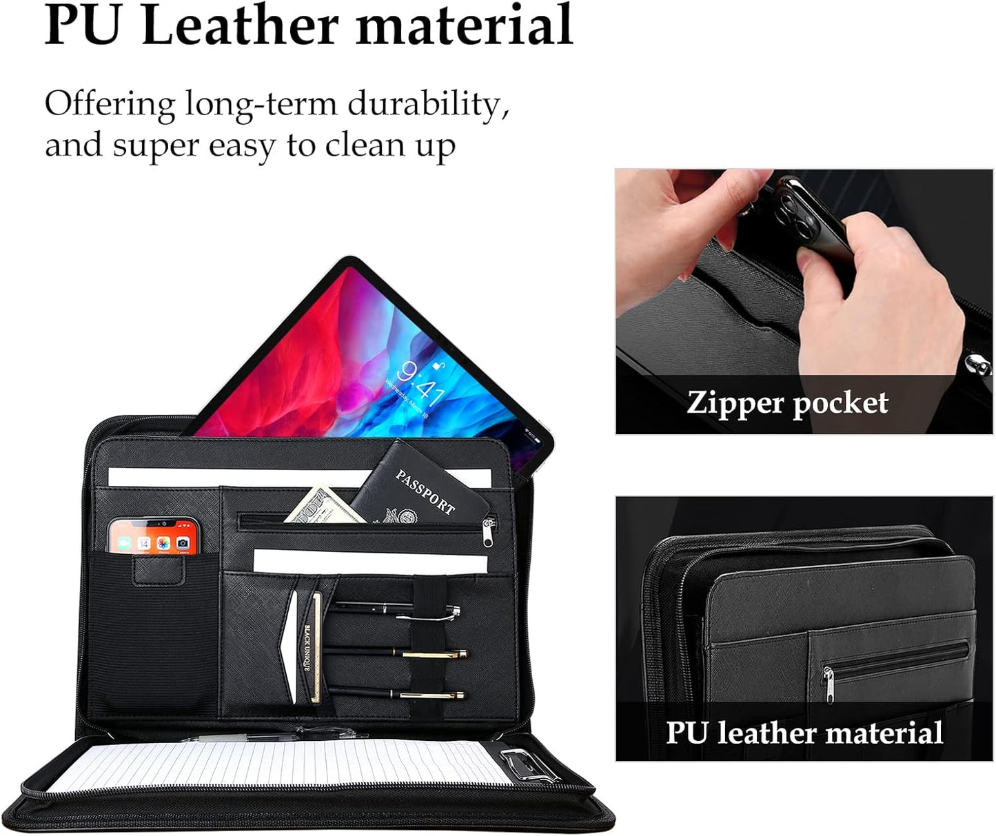 ProCase Portfolio Business Padfolio Folder with Zipper, Conference Meeting Executive File Legal Document Organizer with Pockets Letter Size A4 Writing Pad Notepad Padfolio -Black