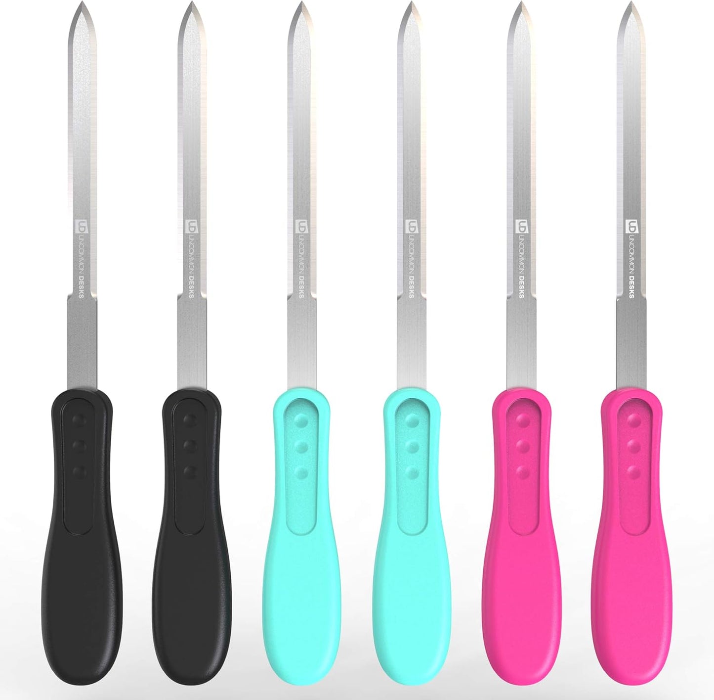 Uncommon Desks Office Letter Opener - Stainless Steel Knife-Edge Blade, Ergonomic Grip Handle (Mixed Colors, 6 Pieces)