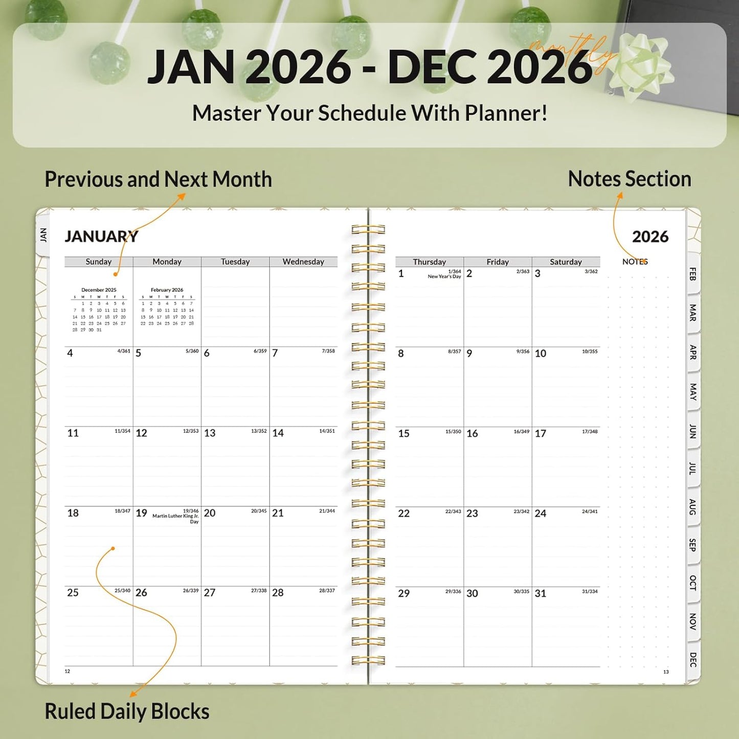 SUNEE Planner 2026 Weekly and Monthly, January 2026-December 2026, 6.4"x8.3", Tabs, Note Pages,Spiral Binding, Eucalyptus