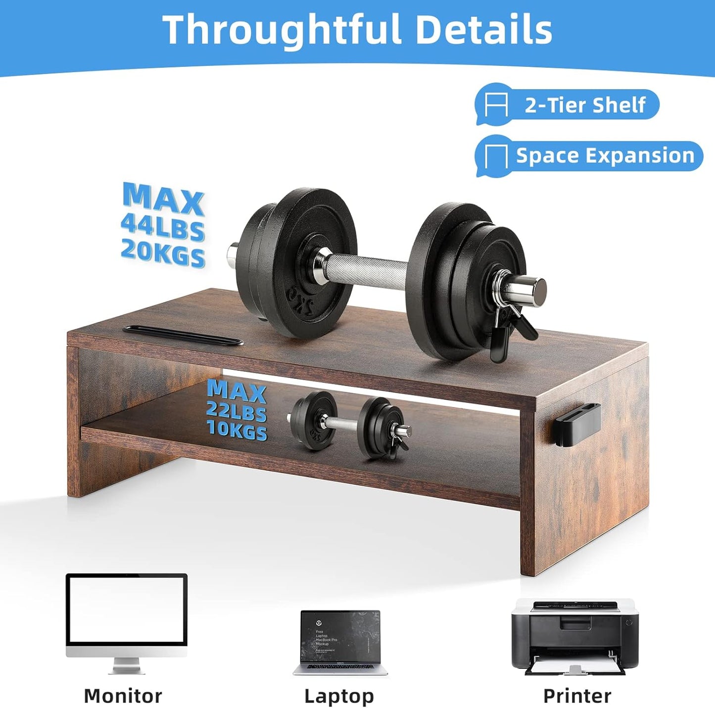Marbrasse 16.5 Inch Monitor Stand, 2 Tier Computer Monitor Riser with Printer Shelf, Laptop Computer Screen Storage, Desktop Stand - Phone Holder & Cable Management (Vintage)