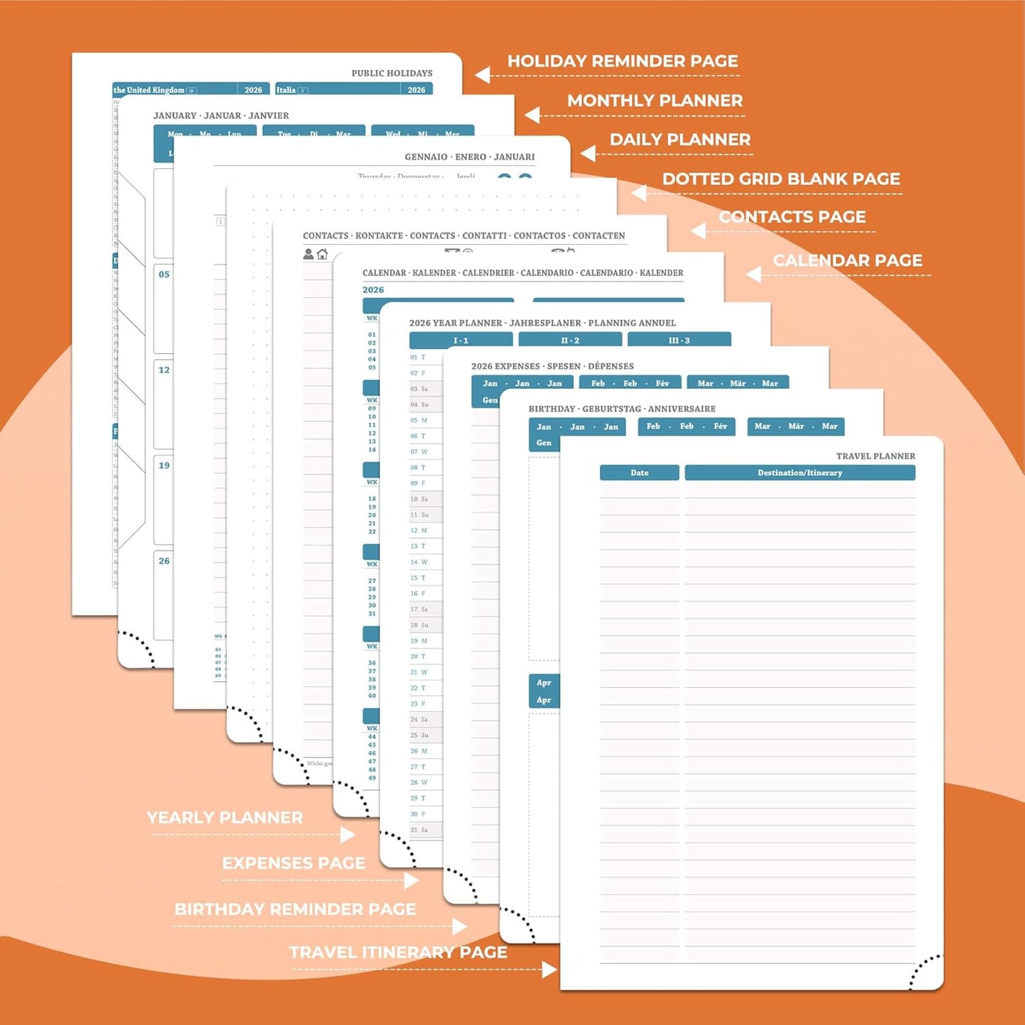 Daily Planner 2026 with One Page Per Day,(A5-8.5" x 5.9"),12 Months Calendar Hourly Appointment Book Monthly Tabs & Self-adhesive Pen Holder,Inner Pocket, Vegan Leather Hardback,Orange