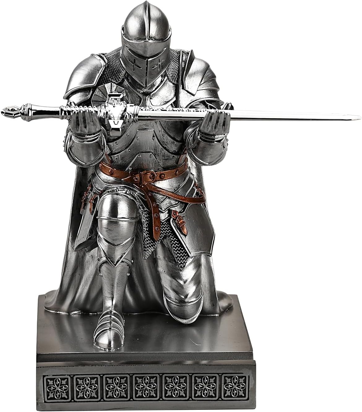 Medieval Armored Warrior Wearing Outerwear, Mobile Phone Stand Knight Pen Holder Desk Organizers, Resin Bookends Paperweight with a Letter Opener for Desk (Silver)
