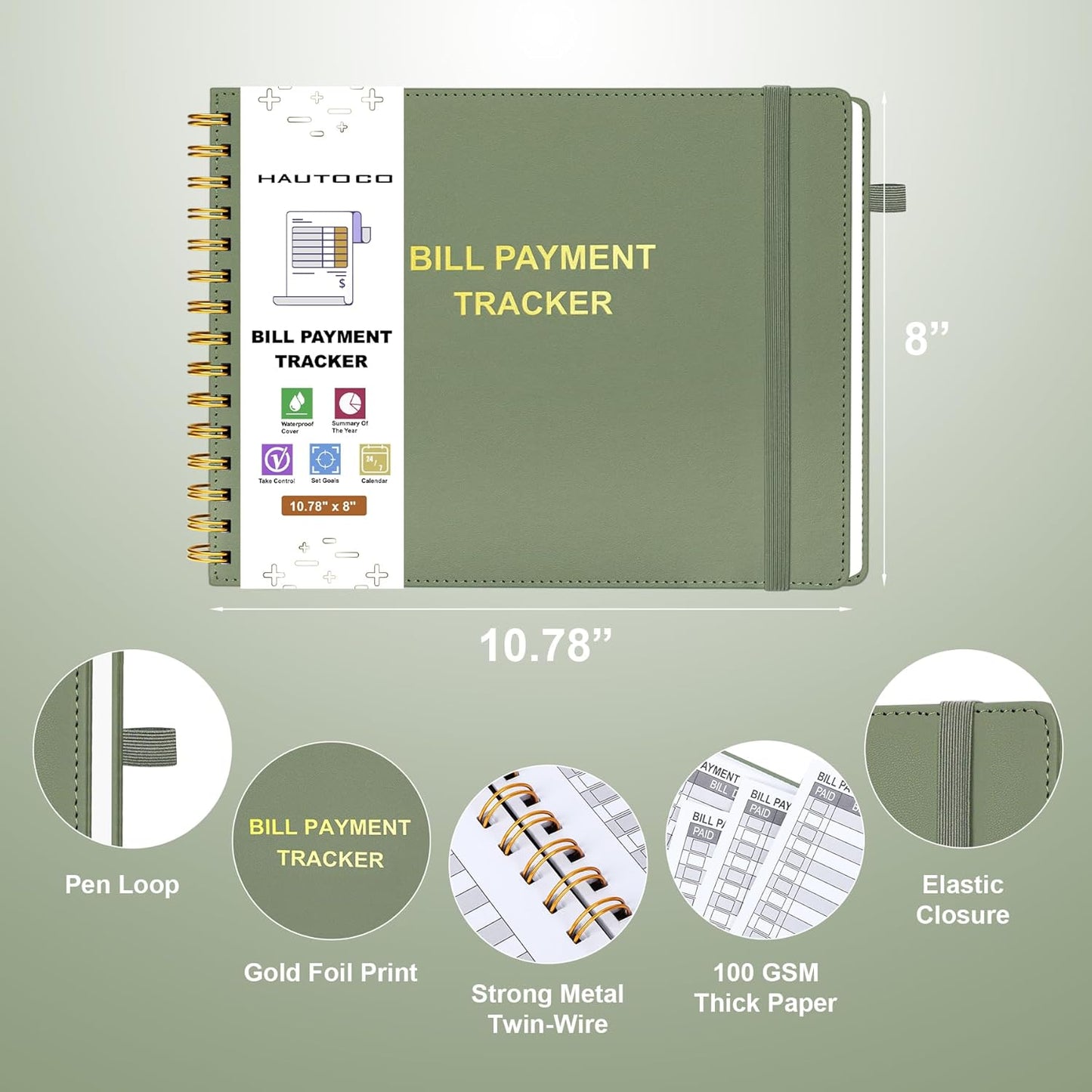 HAUTOCO Hardcover Bill Tracker Notebook Horizontal Monthly Bill Payment Organizer for Personal Budgeting Home Finance with 2 Storage Pocket Expense Checklist Tracking Planner 10.78 x 8'', Olive Green