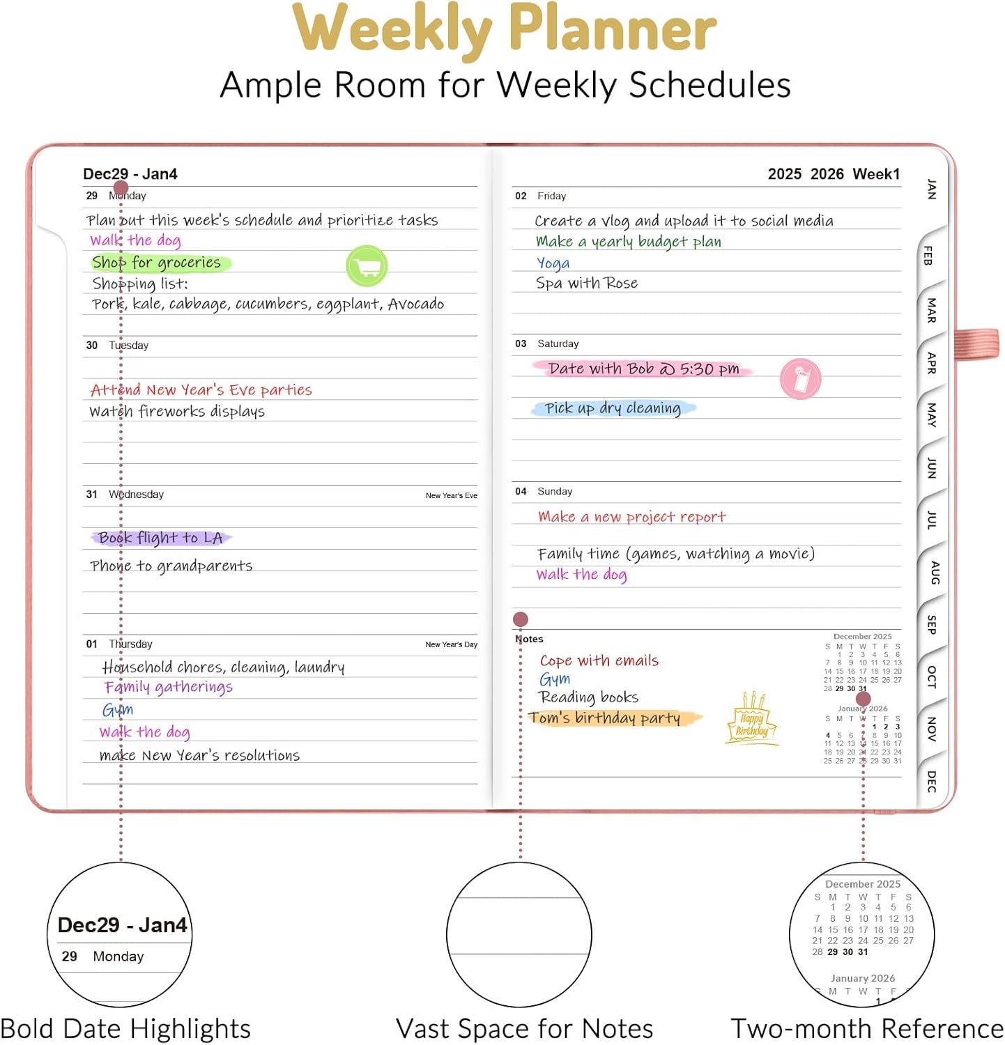 Forvencer 2026 Planner, Weekly Monthly Planners with Month Tabs, 12 Months (Jan 2026 - Dec 2026), A5(5.8"×8.3"), Daily Academic Calendar with Elastic Band, Small Hardcover Agenda, for Teacher, School