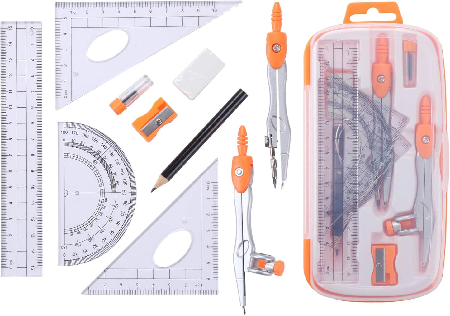 Math Geometry Kit Sets 10 Piece Student Supplies with Shatterproof Storage Box,Includes Rulers,Protractor,Compass,Eraser,Pencil Sharpener,Lead Refills,Pencil,for Drafting（Orange）