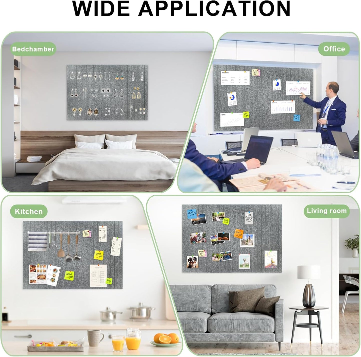 12 Pack Large Cork Board for Walls, Slat Wall Paneling, 48" X 36" Felt Bulletin Board Tiles with Safe Removable Adhesive Tabs & Push Pins, Pin Board Cork Board Wall Organizer for Office - Dark Grey