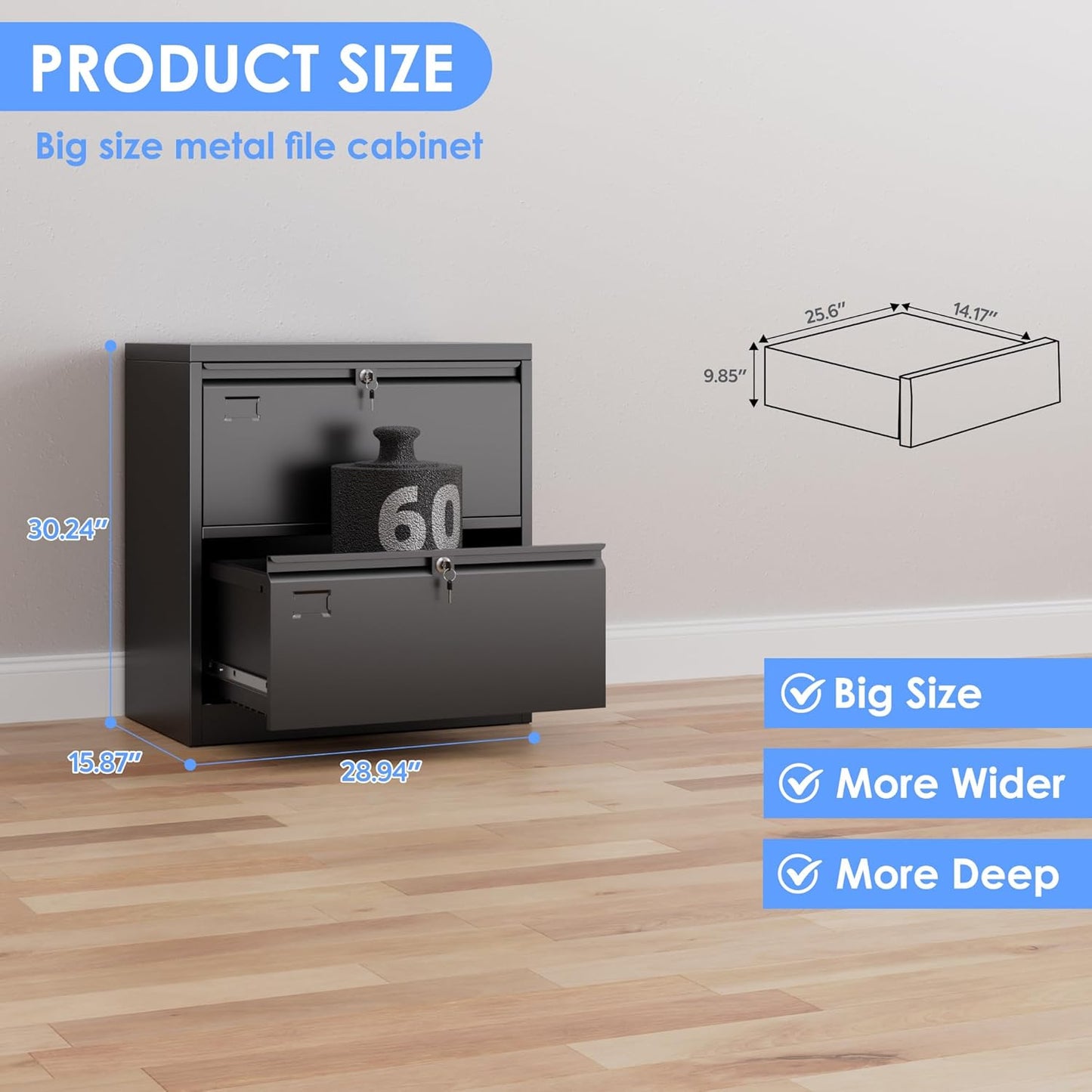 2 Drawer Lateral File Cabinet, Metal Wide Filing Cabinet with Independent Locks, Home Office Furniture for Hanging Files Letter/Legal/F4/A4 Size, Assembly Required, Black