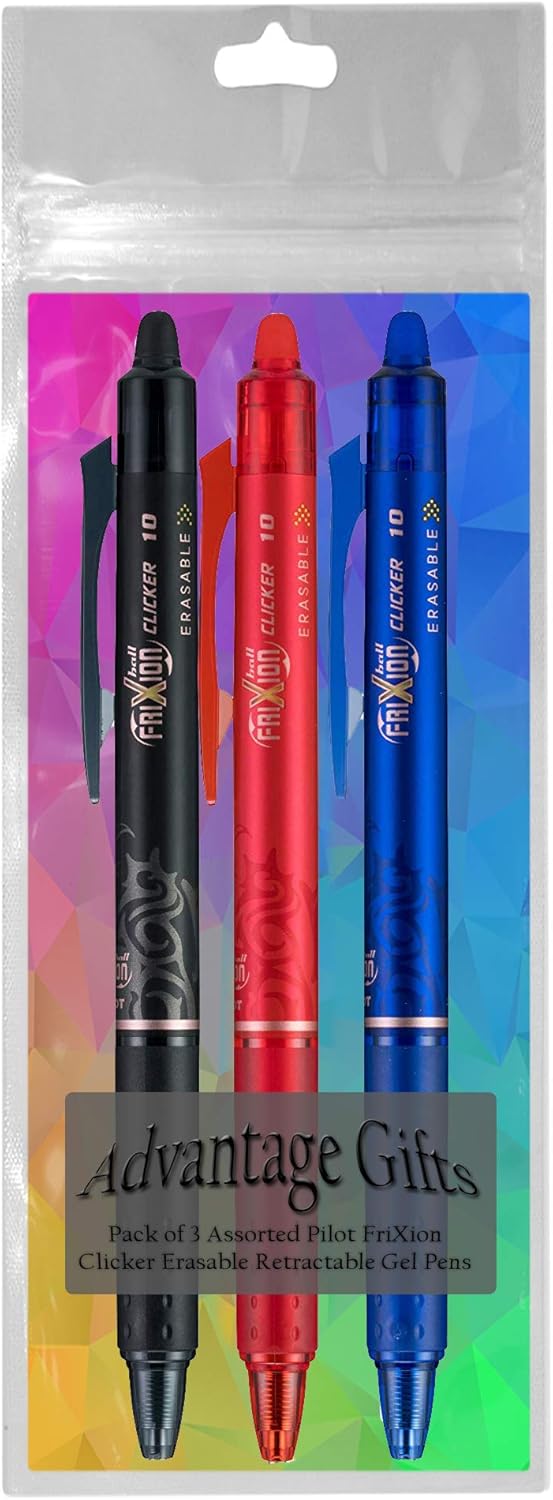 FriXion Clicker Retractable Erasable Gel Pen, Black/Blue/Red Bold Point, 3-pk; Bundle with Plastic Reusable Pouch
