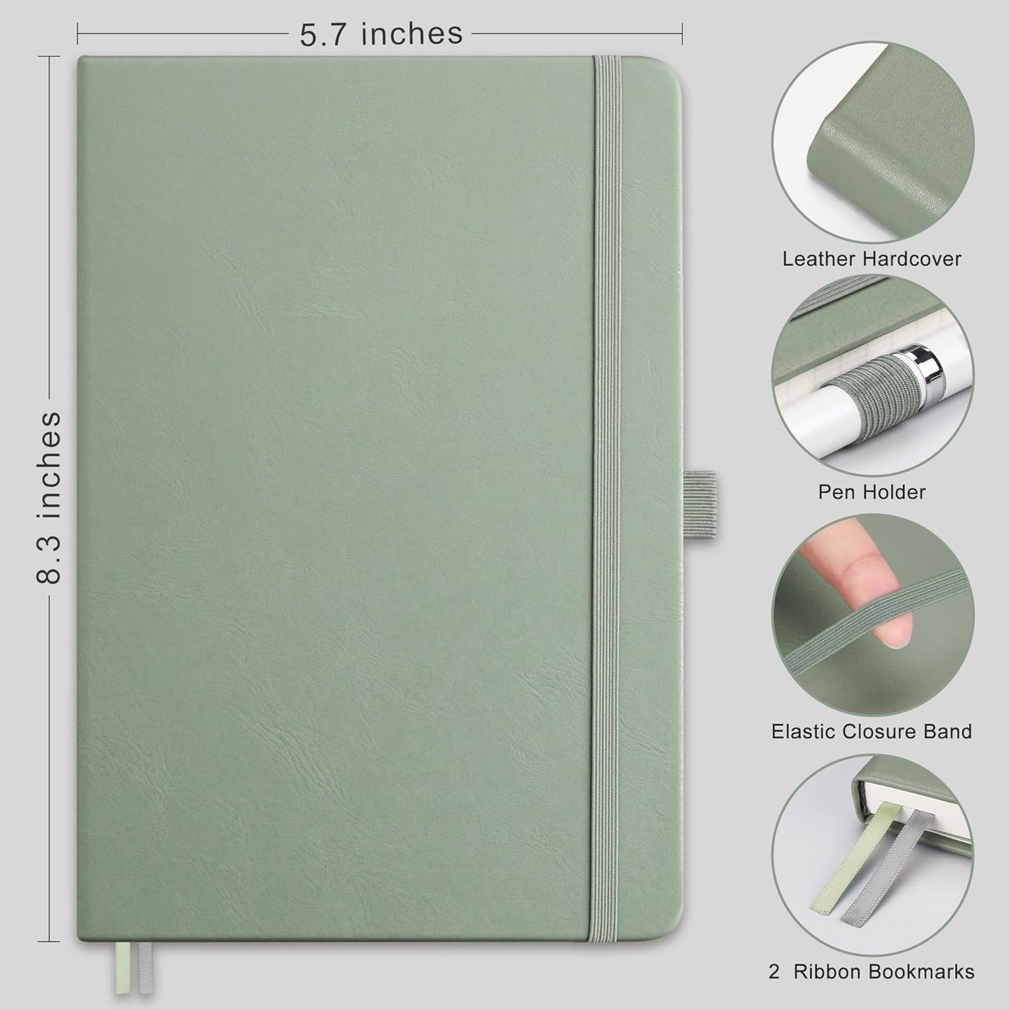 RETTACY Blank Journal Notebook, 192 Pages, A5 Medium Size (5.7'' x 8.3''), Leather Hardcover, 100 GSM Thick Paper, for Sketching, Drawing, Painting (Sage Green)