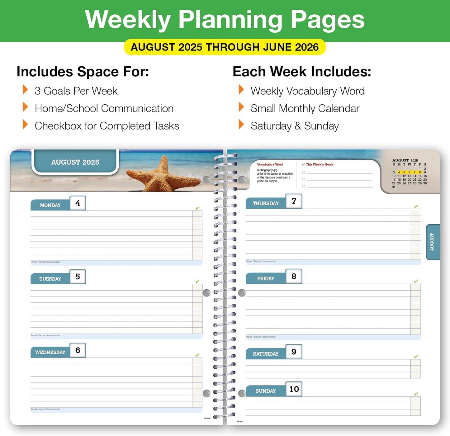 Global Datebooks Dated Middle School or High School Student Planner for Academic Year 2025-2026 Includes Ruler/Bookmark and Planning Stickers (Block Style - 8.5"x11" - Swoosh)