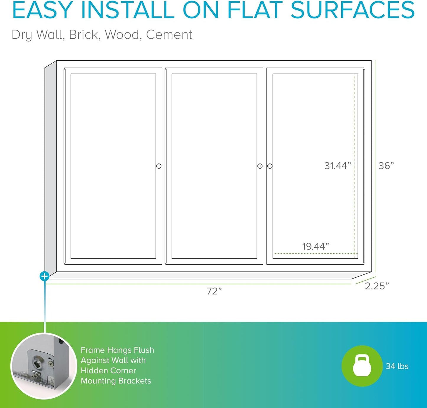Ghent 36" x 72" 3-Door Indoor Enclosed Bulletin Board with Lock, Cork Material, Shatter Resistant Acrylic Panels, Made in the USA, Satin Aluminum Frame