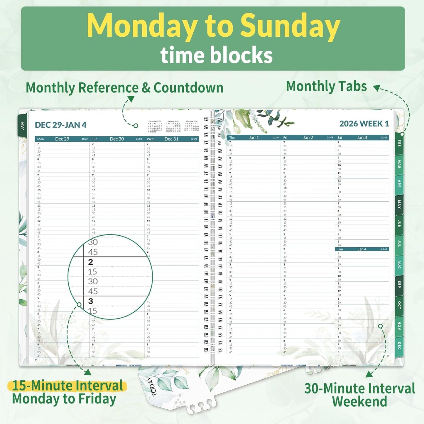 SUNEE 2026 Appointment Book, Quarter-Hourly, Weekly & Monthly - from January 2026 - December 2026, 8.5"x11" Weekly Planner, Flexible Cover, Note Pages, Pockets, Bookmark, Spiral Binding, Greenery
