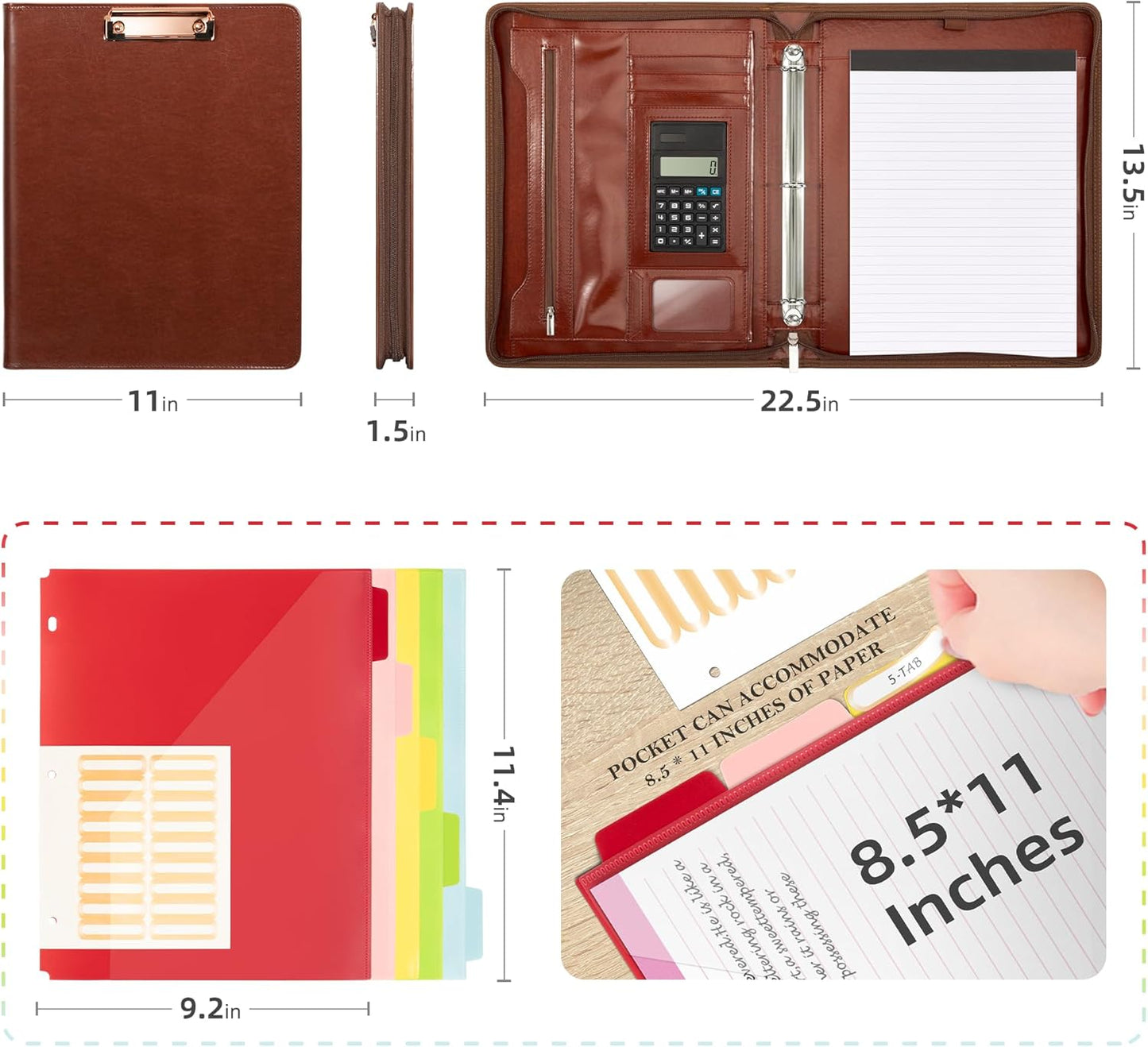 Ospelelf 3 Ring Binder Portfolio Folder with Zipper- Leather Padfolio with Clipboard Storage- Calculator, 12.1” Tablet Sleeve, 5 Dividers with Pocket, Refillable Notepad, Card Slot (Red Brown)