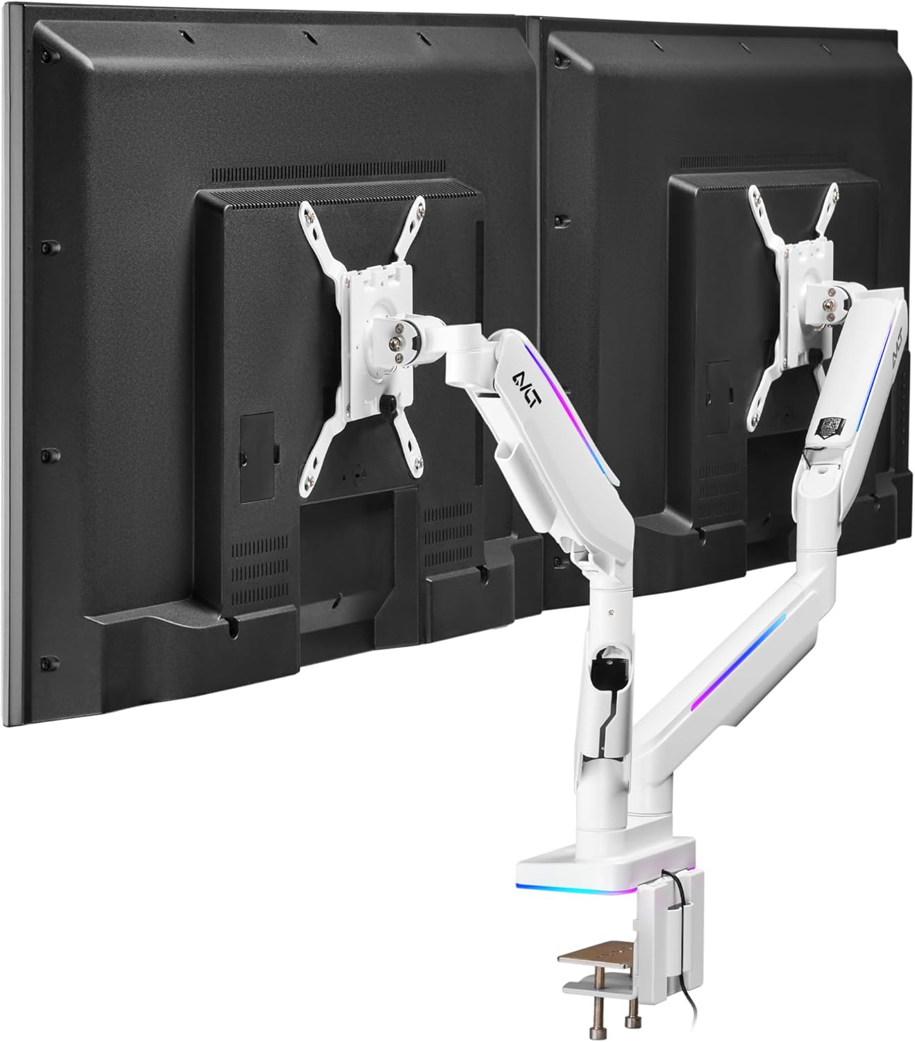AVLT RGB Lights Dual 17”-43” Gaming Monitor Arm Desk Mount, Fits Two Flat/Curved/Ultrawide Screen up to 44lbs(20kg), Height Swivel Tilt Adjustable Stand – White