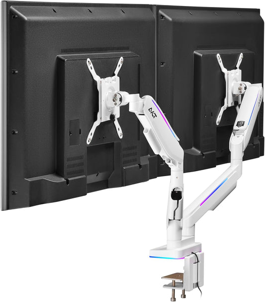 AVLT RGB Lights Dual 17”-43” Gaming Monitor Arm Desk Mount, Fits Two Flat/Curved/Ultrawide Screen up to 44lbs(20kg), Height Swivel Tilt Adjustable Stand – White