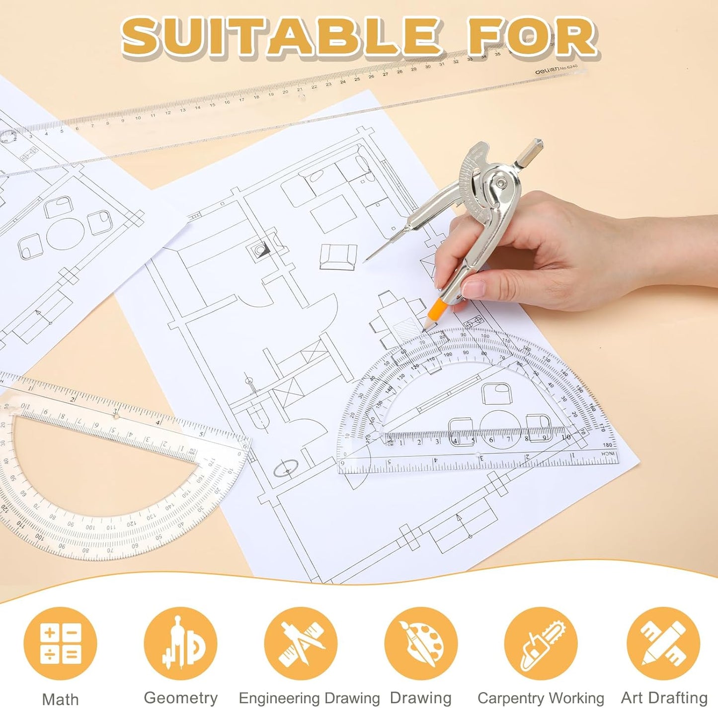 30 Pack Geometry Tool Set, Math Compass for Geometry and 6 Inch Protractor Set Include Metal Compass with Pencil and Clear Plastic Protractor for Student Classroom Office Woodworking Art Drawing