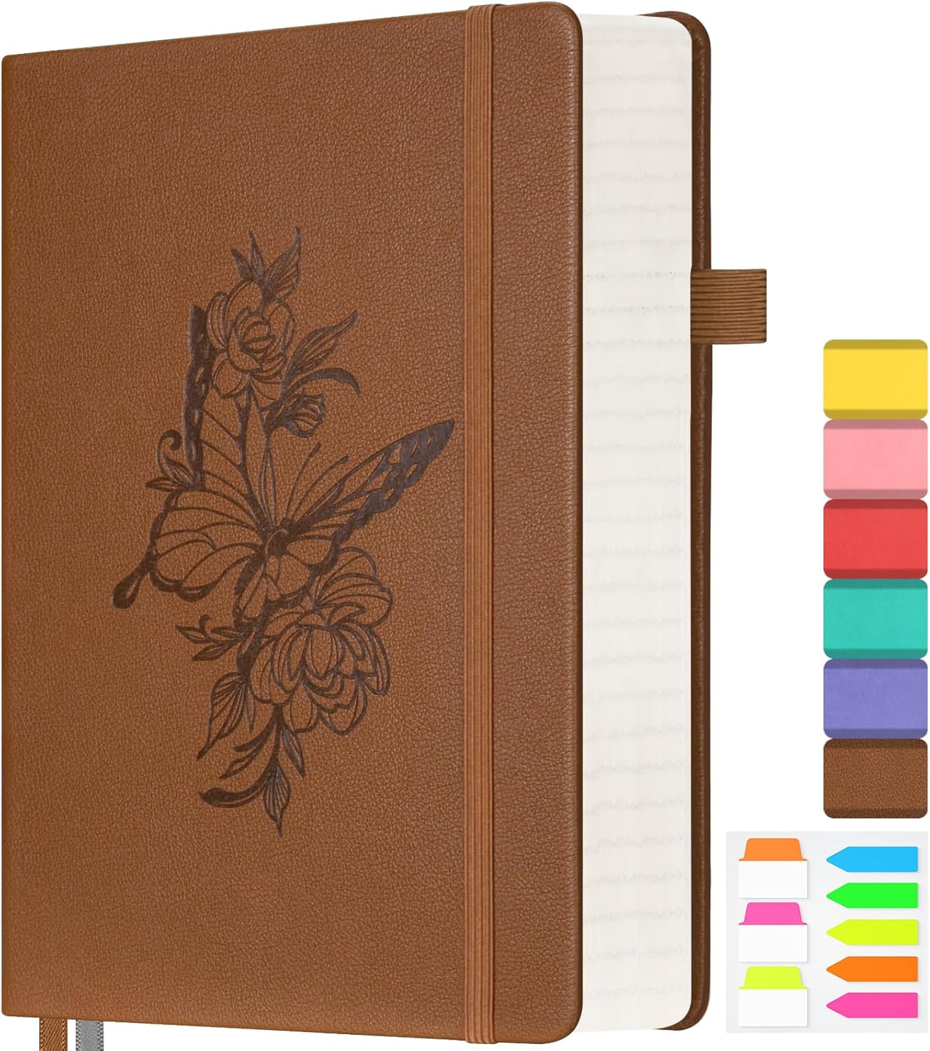 Lined Notebook Journal for Women, 312 Numbered Pages A5 Thick Leather Journal, 100gsm Paper Daily Journal for Work Travel, Hardcover College Ruled Notebook, Giftable Butterfly Floral Notebook, Brown