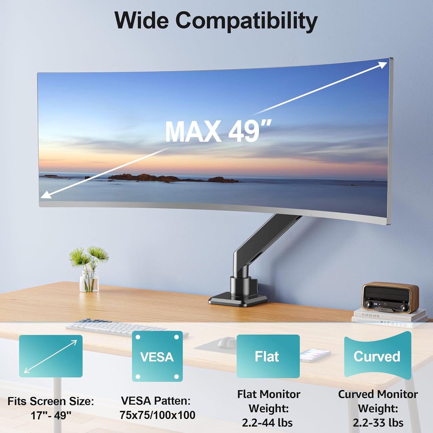 MOUNT PRO Heavy Duty Monitor Arm for 49 inch Ultrawide Screen up to 44 lbs, Single Desk Computer Mount Curved Monitor Stand for Samsung Odyssey G9, Adjustable Gas Spring VESA Mount 75x75 100x100