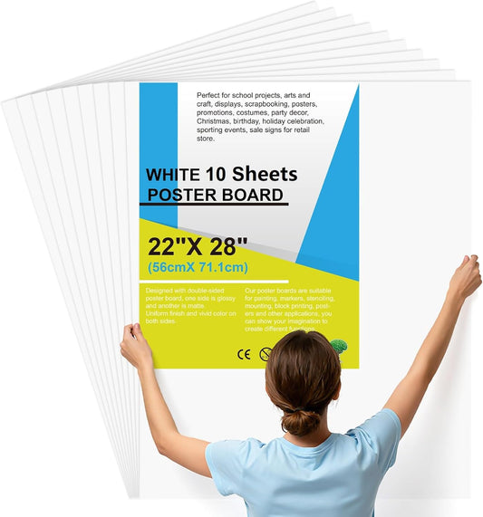 10 Pcs Poster Board 22" x 28" White Poster Paper Bulk, ROOKEA 250 GSM Vision Board for School Arts Craft Projects Presentations Drawing Scrapbooking Blank Graphic Display Office Supplies