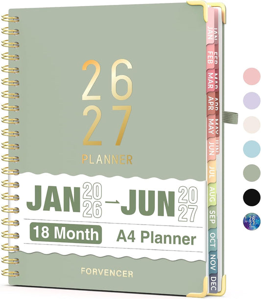 Forvencer Planner 2026-2027, 18 Month Weekly and Monthly Calendar Planner, Jan 2026 -June 2027, 8.5" x 11", Daily Agenda Book with Tabs, College Organizer Notebook, School Supplies for Student Teacher Classroom, A4, Green