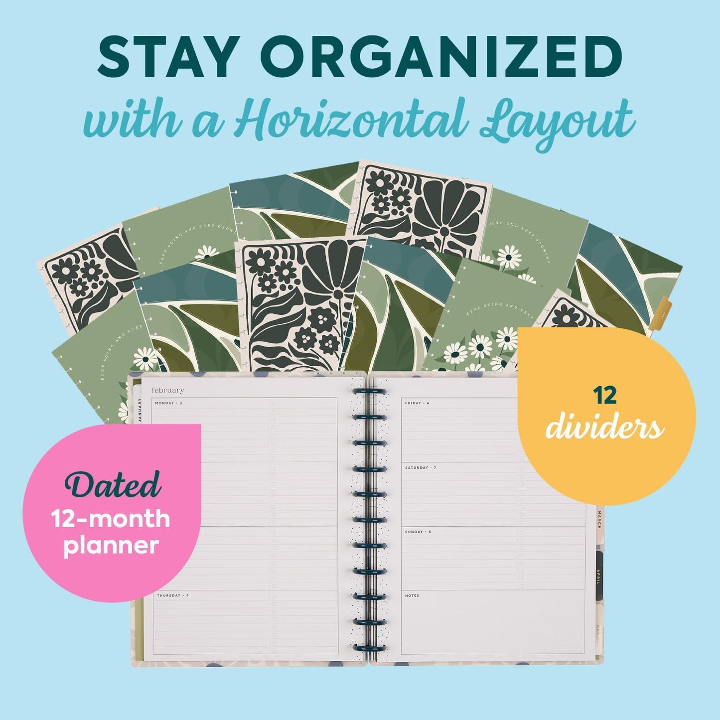 Happy Planner Disc-Bound Planner Jan.–Dec. 2026, Includes 3 Extra Months and 2 Sticker Sheets, Big Size, 8.5" x 11", Horizontal Layout, Green Garden