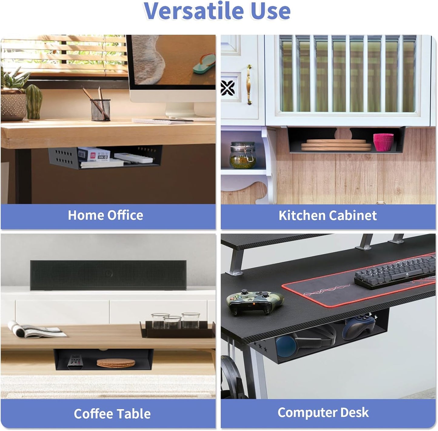 MOLIGOU Under Desk Storage Shelf, Under Desk Tray with Stick-On Felt Pad, Screw Mount Under Table Hidden Storage for Home Office, Kitchen Cabinet