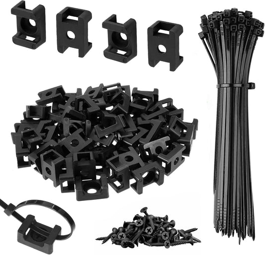 100Pcs Cable Zip Tie Mounts Kit, 0.6in Plastic Zip Ties with Screw Hole, Black Zip Tie Anchors, Sturdy Zip Tie Mounting Squares Base with Tapping Screw for Wire Organizer (Black, 0.6 inch)