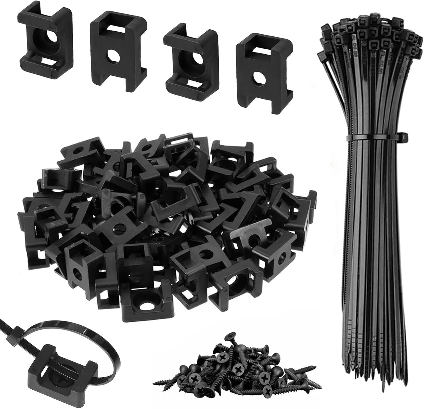 100Pcs Cable Zip Tie Mounts Kit, 0.9in Plastic Zip Ties with Screw Hole, Black Zip Tie Anchors, Sturdy Zip Tie Mounting Squares Base with Tapping Screw for Wire Organizer (Black, 0.9 inch)