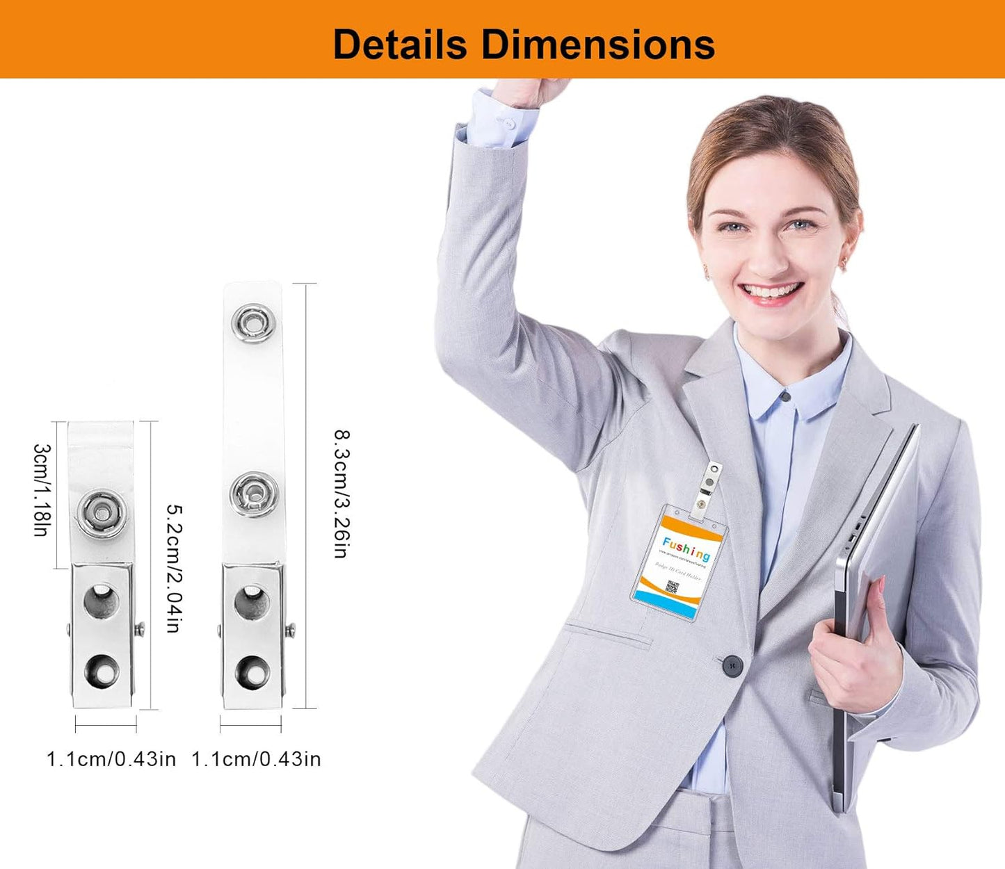 Fushing 100Pcs Metal Badge Clips with Clear PVC Straps for ID Cards and Badge Holders