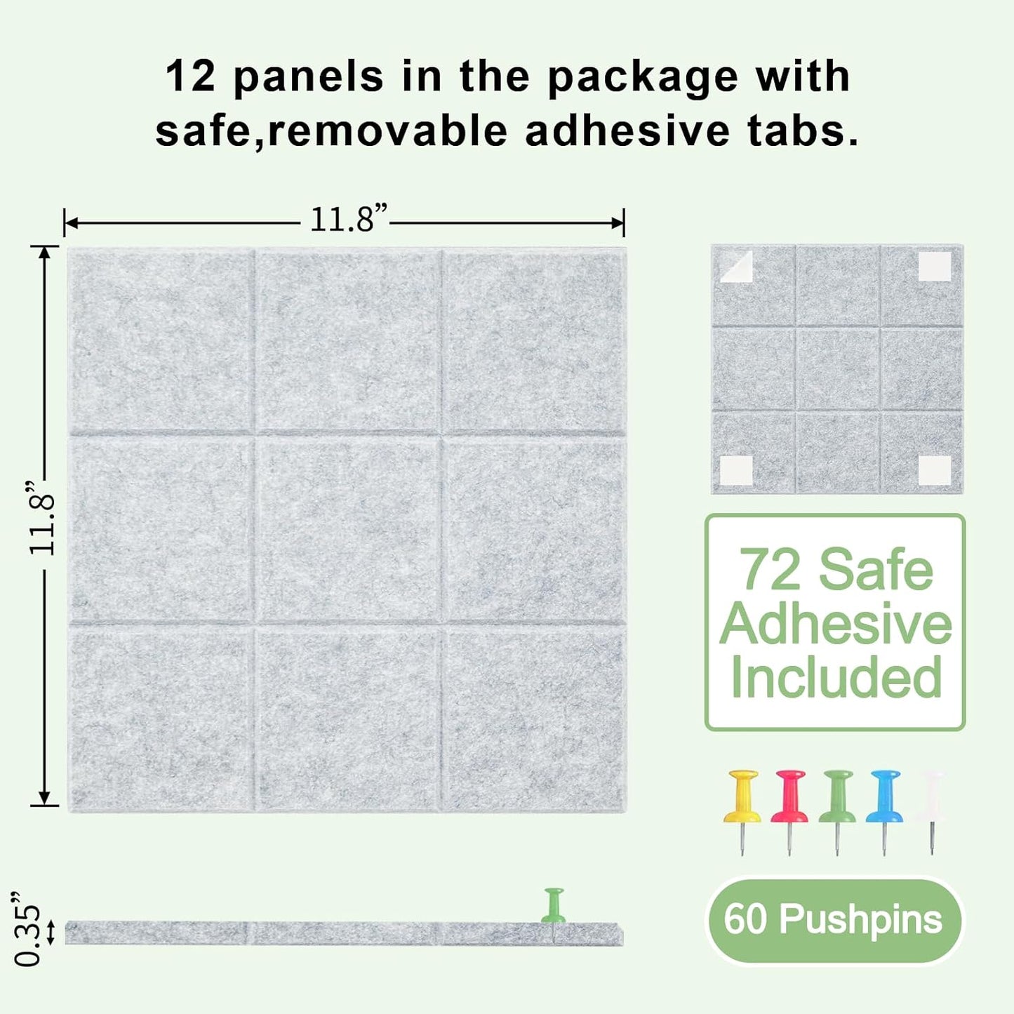 12 Pack Large Cork Board for Walls, 48" X 36" Felt Bulletin Board Tiles with 48 Safe Removable Adhesive Tabs & 60 Push Pin Board Decorative Cork Board Tack Board Wall Organizer for Office - Grey