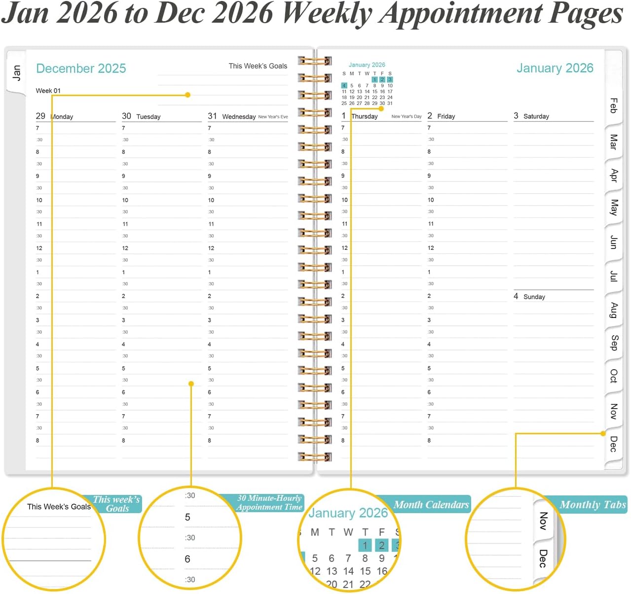 2026 Appointment Book & Planner - 2026 Daily Hourly Planner from January 2026 - December 2026, Weekly Appointment Book with 30-Minute Interval, Medium 6.4" x 8.5", Flower-B