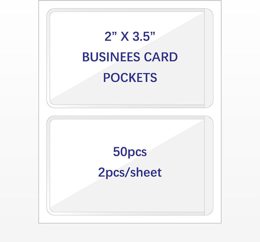 Clear Adhesive Business Card Pocket swith Side Open for Loading, 50 Pack, Plastic Labels Holders for Storage Bins and Library Card, Ideal for Organizing and Protecting Your Business Cards