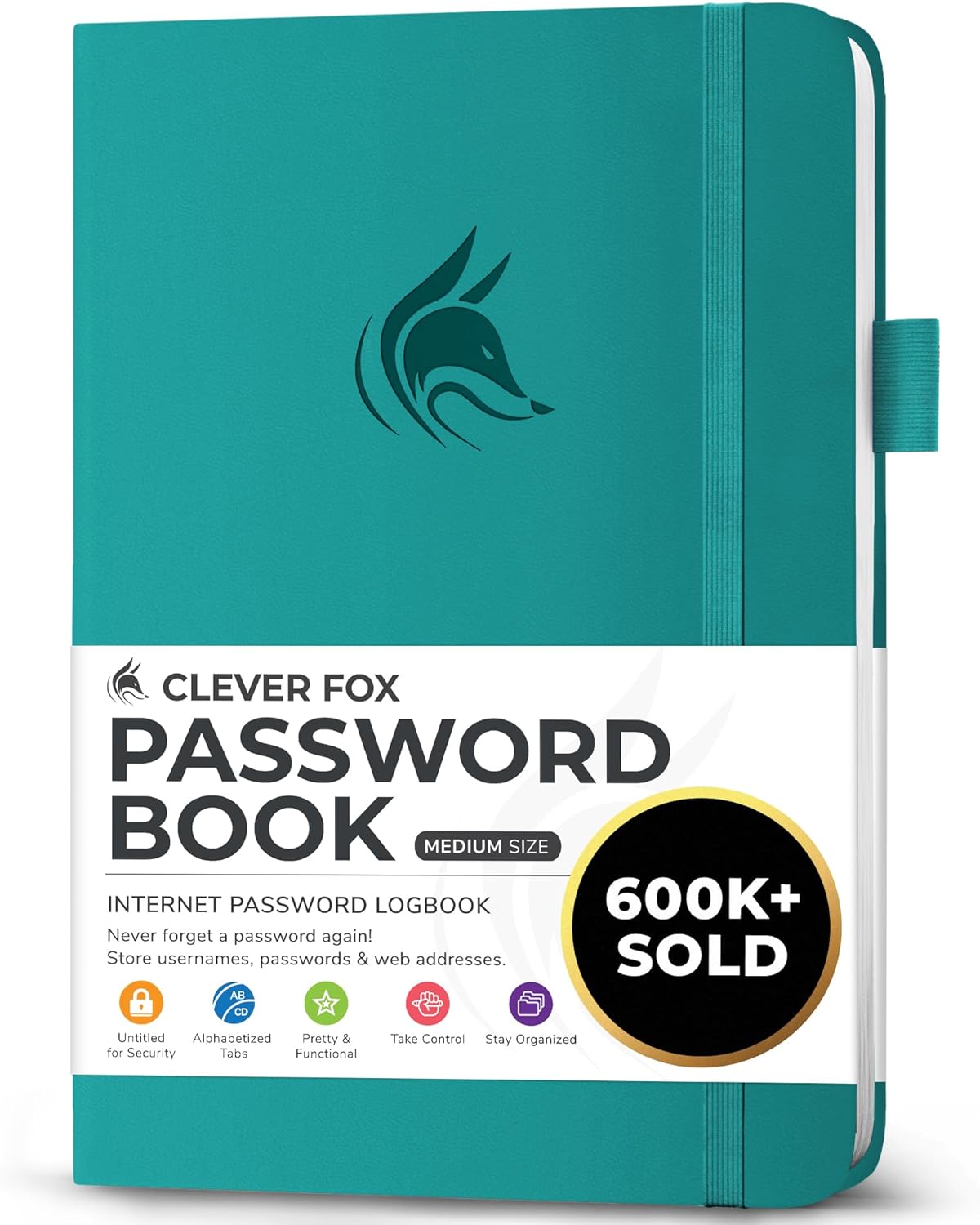 Clever Fox Password Book with alphabetical tabs. Internet Address Organizer Logbook. Medium Password Keeper for Website Logins (Aquamarine)