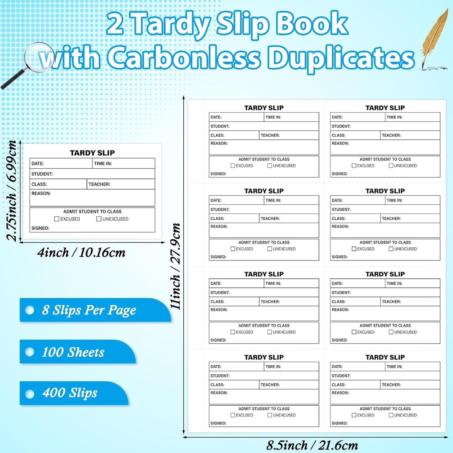 gisgfim Tardy Slip Book with Carbonless Duplicates in Easy Removal Fold and Tear Tardy Slips Per Book Register Copy Notebook for Student Late Arrivals School Supplies Teacher 400 Pcs/Pad (2 Pads)