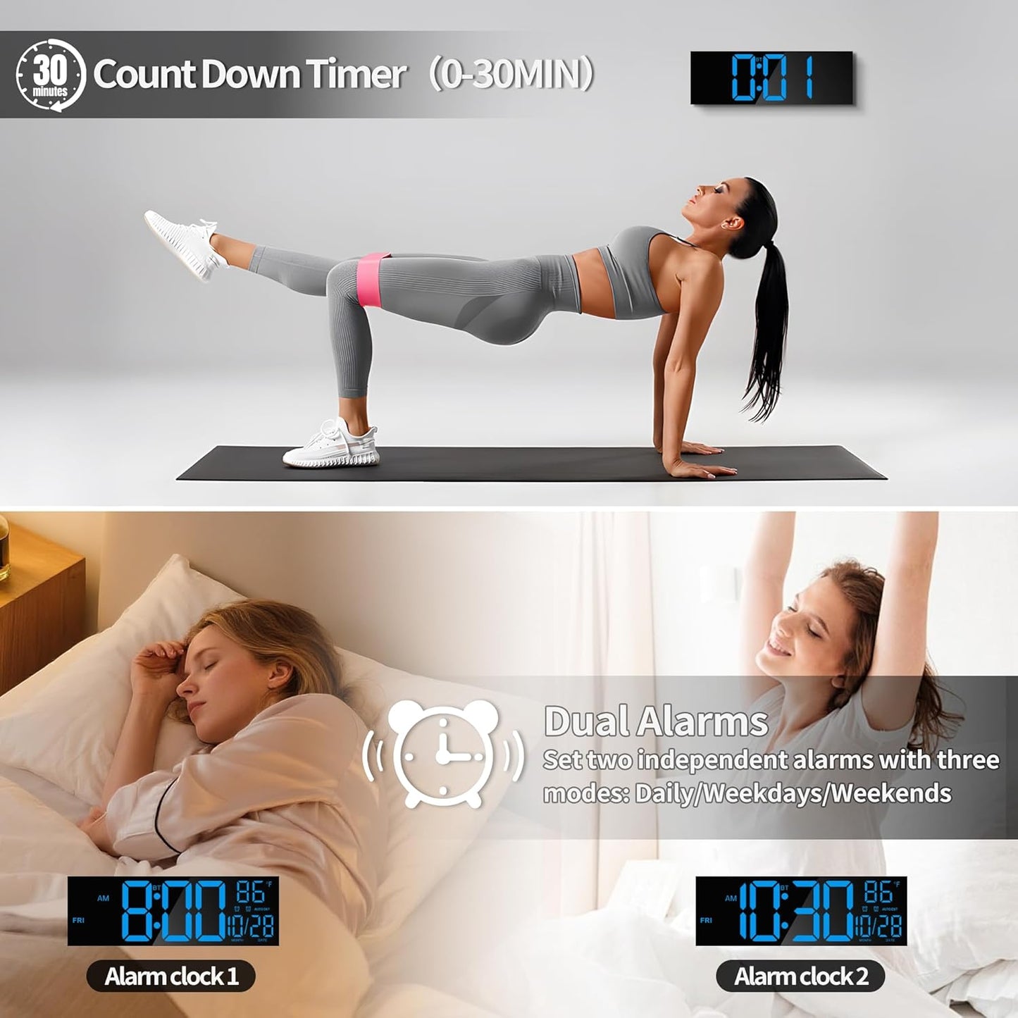 16.5" Large LED Wall Clock with Bluetooth Sync, Night Light, DST, 2 Alarms, RGB Color, Temperature, Remote Control, 12/24H, Timer for Living Room, Bedroom, Desk, Gift for Mother Father Elderly