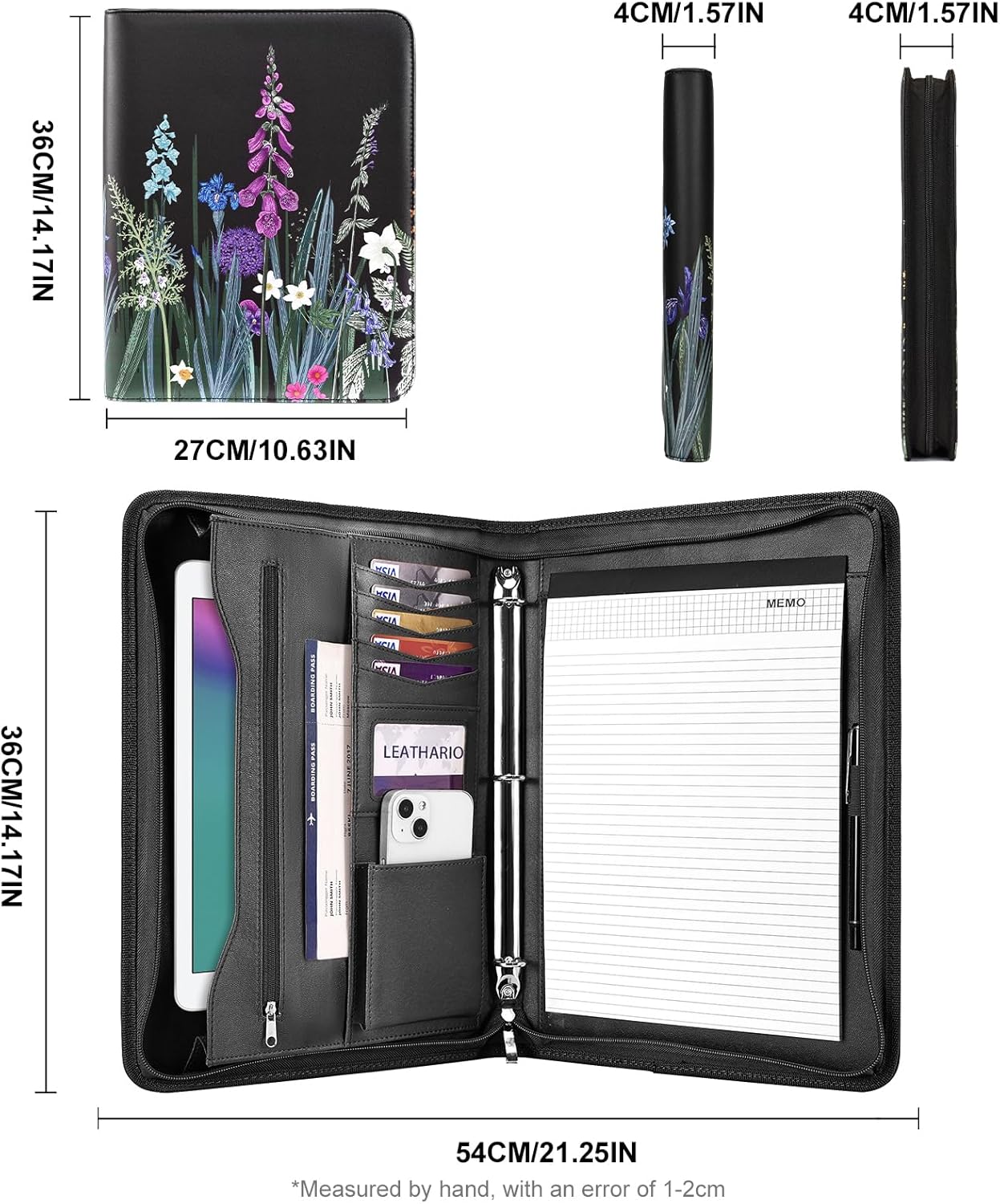 Leathario Portfolio Binder, Includes 5 Folder Index Dividers and 3 Notepads, 3-Ring Folder Organizer, Padfolio with Zipper, Vegan Leather Tablet Sleeve, Business Office Conference Clipboards