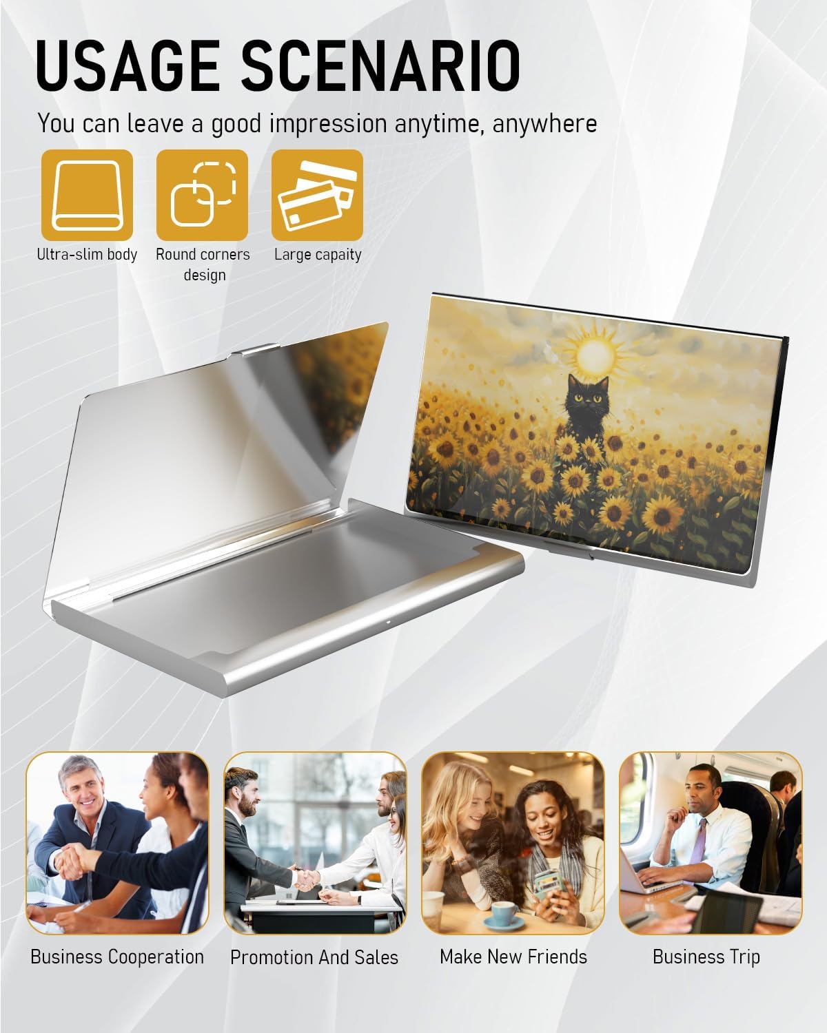 Business Card Metal Slim Organizer, Professional Stainless Steel Square Pocket Wallet for Office Workers, Compact and Portable for Pockets (Sunflower Cat A)