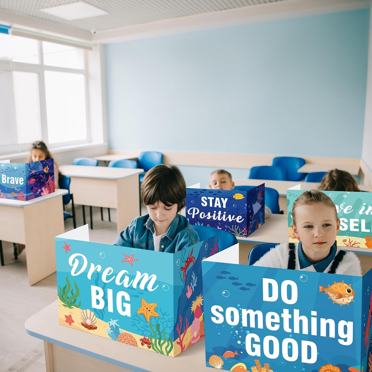 Honoson 24 Pcs Bulk Inspirational Privacy Folders for Students Cardboard Test Privacy Boards Motivational Words Desk Dividers Shield for Classroom School Study Supplies, 6 Styles (Ocean Animal)