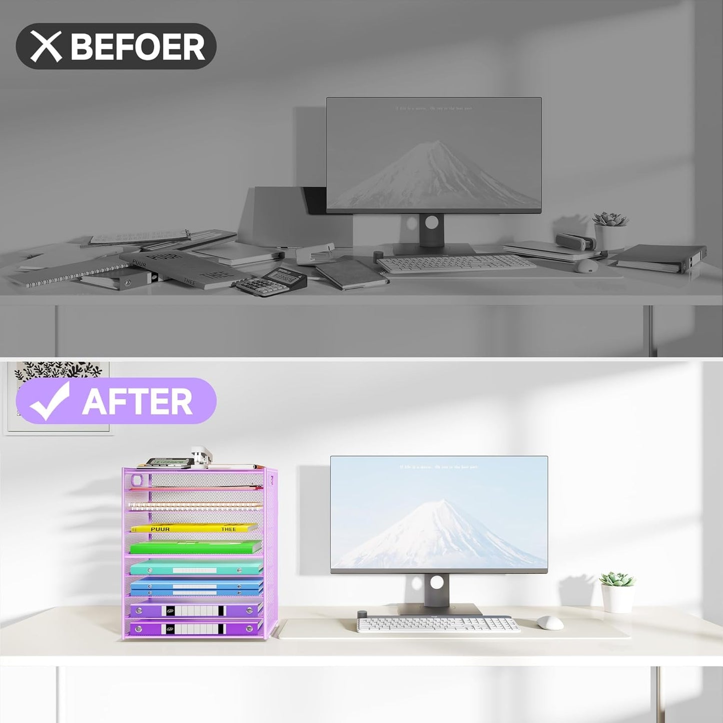 9 Tier Paper Organizer with Handle, Large Capacity Desk Organizer Mesh File Folder Letter Paper Tray Desktop Document Sorter for Classroom, School, and Office Accessories Organization- Purple