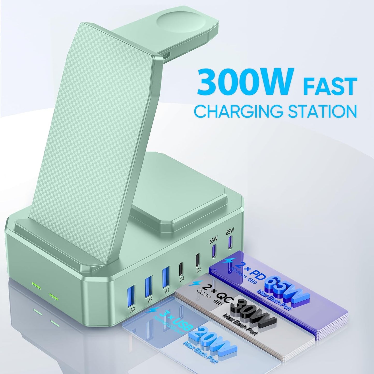 300W Charging Station for Multiple Devices Apple, Zutspzss 10 in 1 Wireless Charger for iPhone 16, GaN III USB C 65W PD Fast Charging Stand Dock for MacBook, Apple Watch&Airpods,Green