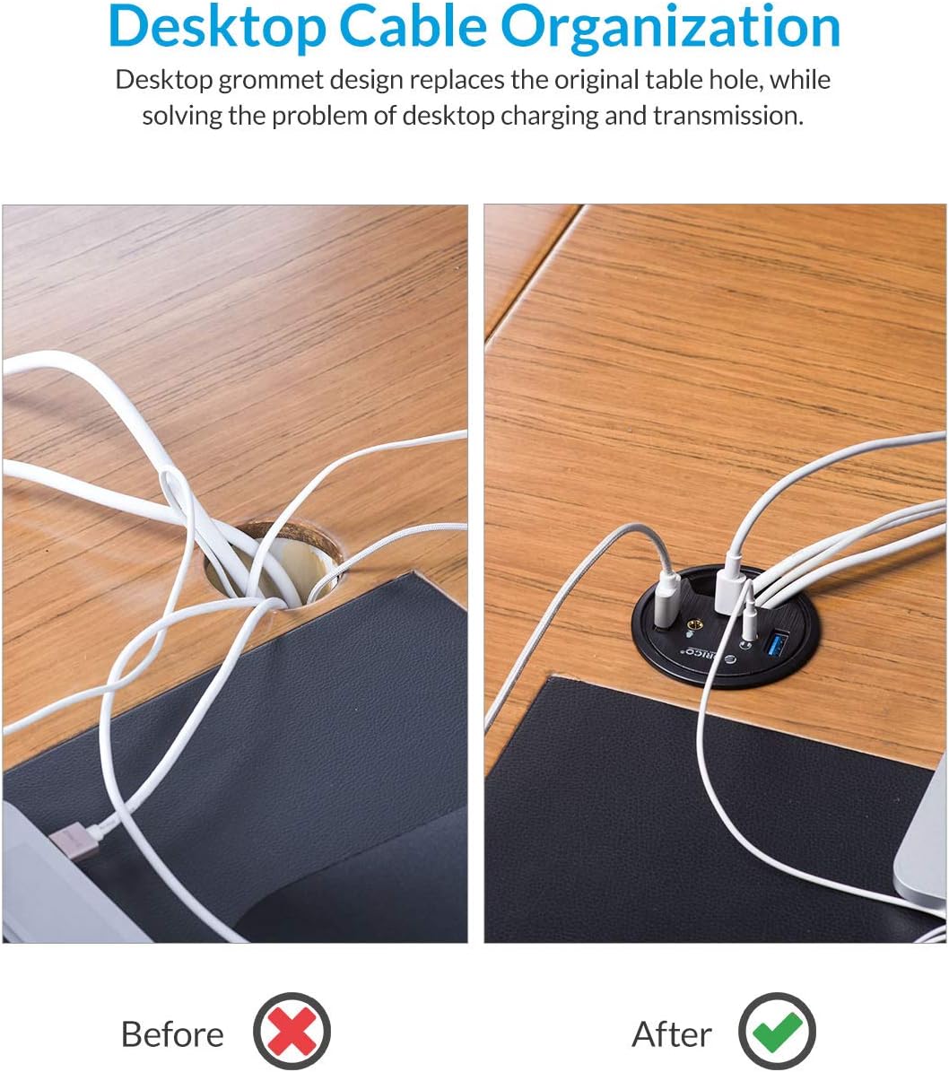 ORICO Desk Grommet USB 3.0 Hub with 2 Type-A 1 Type-C Port, Mic & Audio Jack, 4.9Ft Long Cord for Diameter 60mm Hole, Desktop Cable Organizer, Home Office PC Accessories