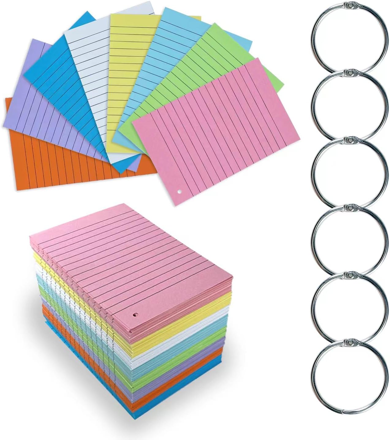 TFLFL Index Cards 4x6 Inch, 600PCS Flash Cards with Rings 8 Colors Ruled Index Cards, Assorted Lined Colored Flashcards, Thin Note Cards Paper, Study Card Memo Scratch Pad for Home Office School