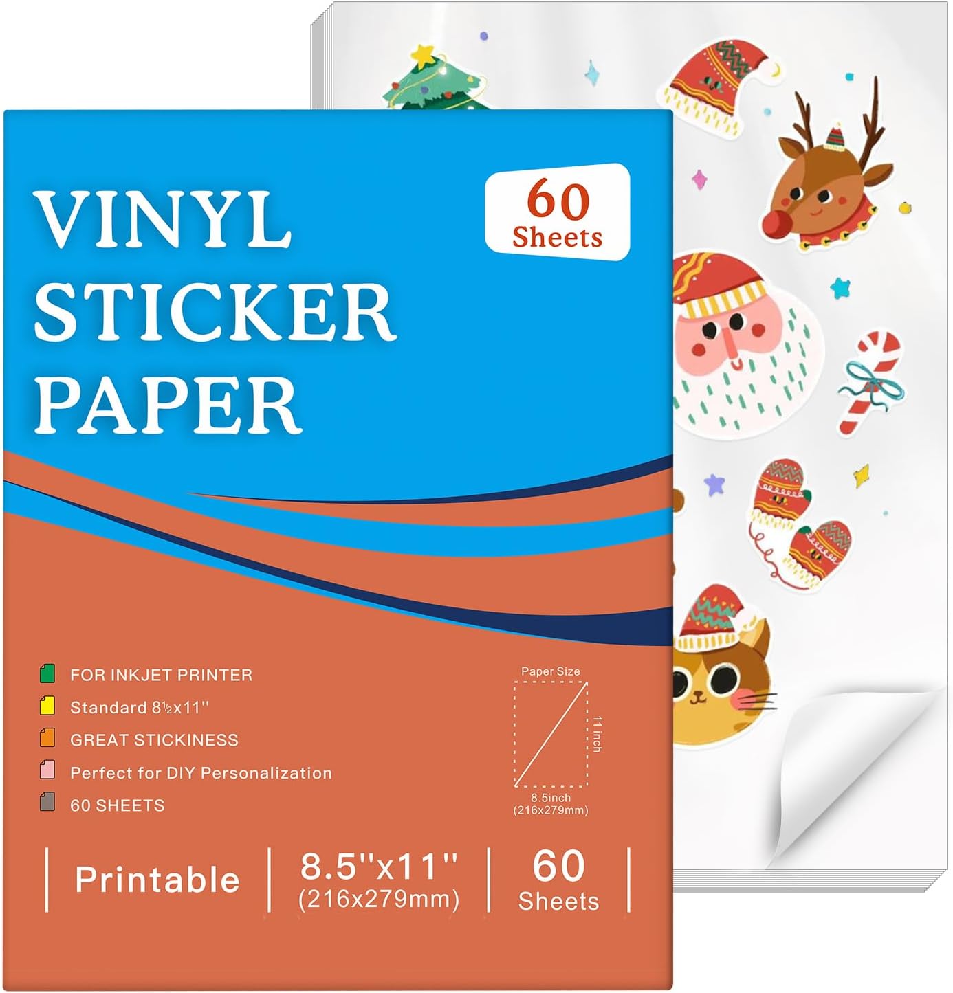 60 Sheets Premium Printable Vinyl Sticker Paper for Inkjet Printer, Glossy White Waterproof, Dries Quickly, Vivid Colors, Tear Resistant, 8.5x11 Inkjet Vinyl Sticker Paper Great for Cutting Machines