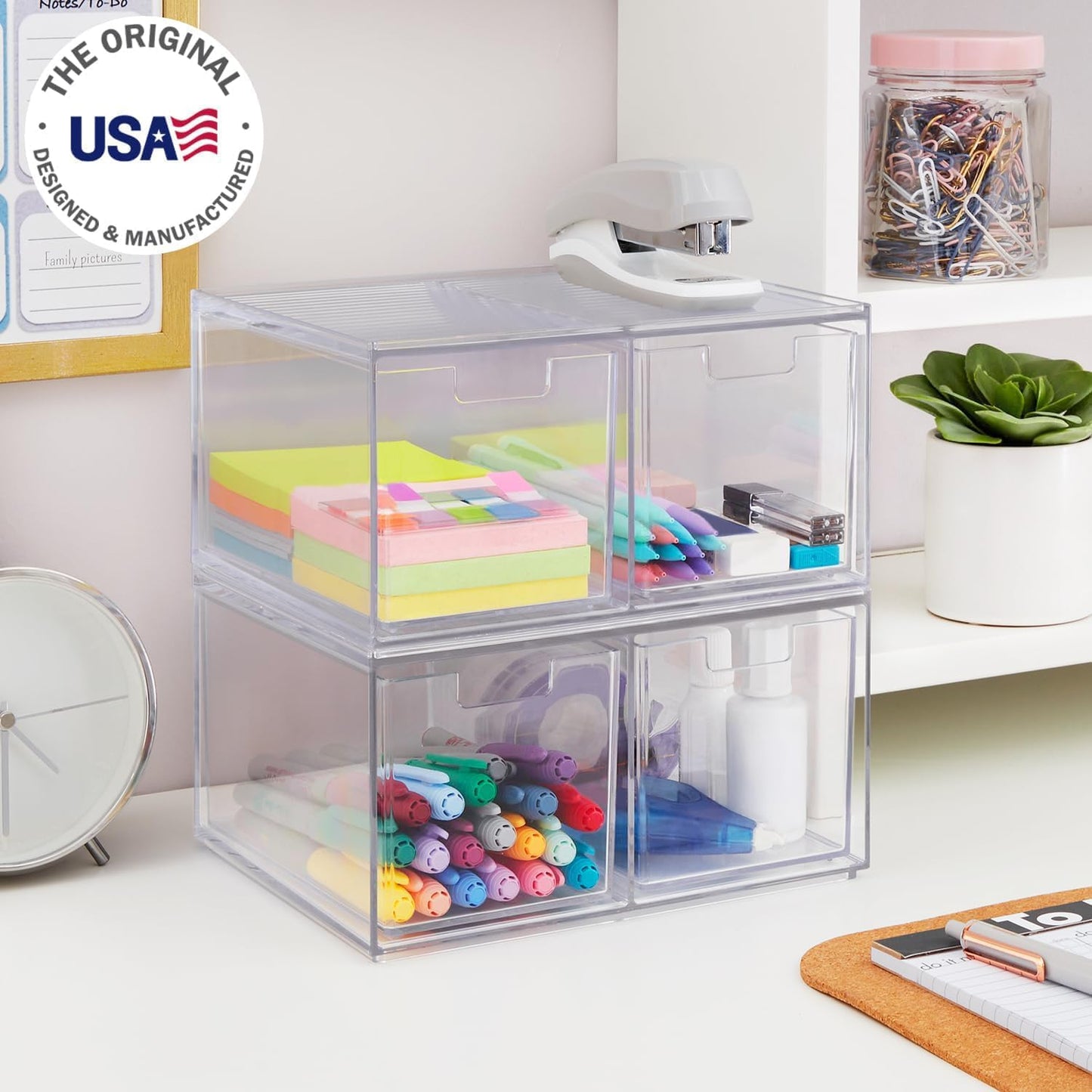 STORi Chloe Space-Saving Clear Drawer Organizer (4 Tall Drawers) Sort Office, Kitchen, Beauty Supplies, Makeup, Pens, Jewelry, Stationary, Made in USA