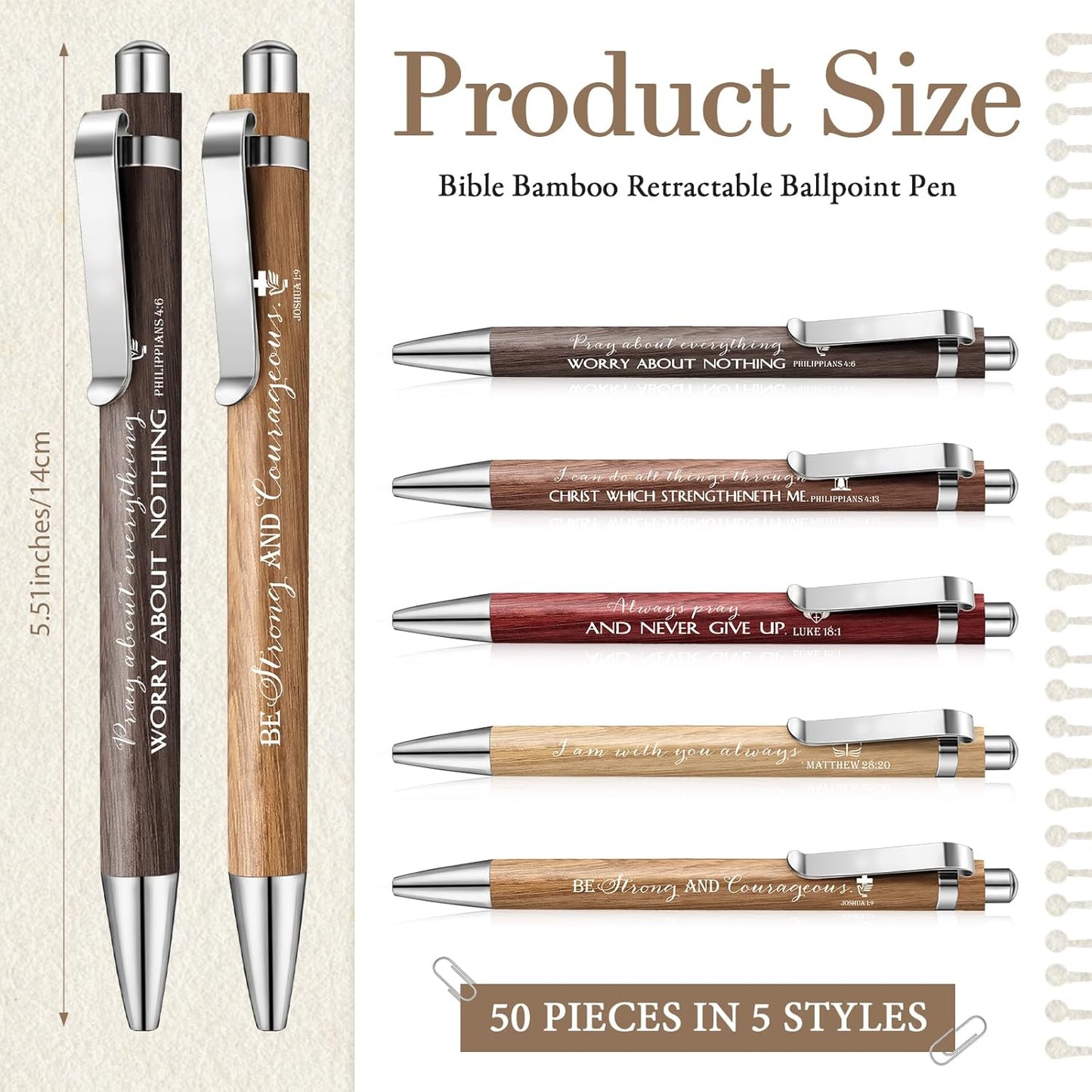 50 Pack Bible Verse Bamboo Retractable Ballpoint Pens Christian Inspirational Bible Verse Ballpoint with Black Ink Pen for Journal Writing Office Supplies Religious Gifts for Men Women(Wood Color)