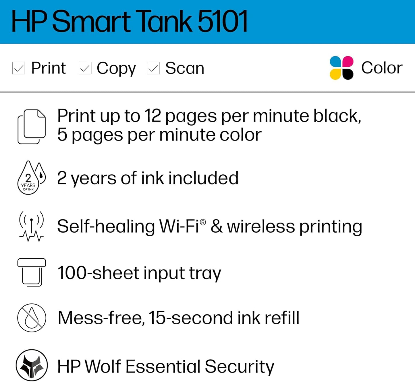 HP Smart Tank 5101 Wireless All-in-One Ink Tank Printer with up to 2 years of ink included (1F3Y0A)