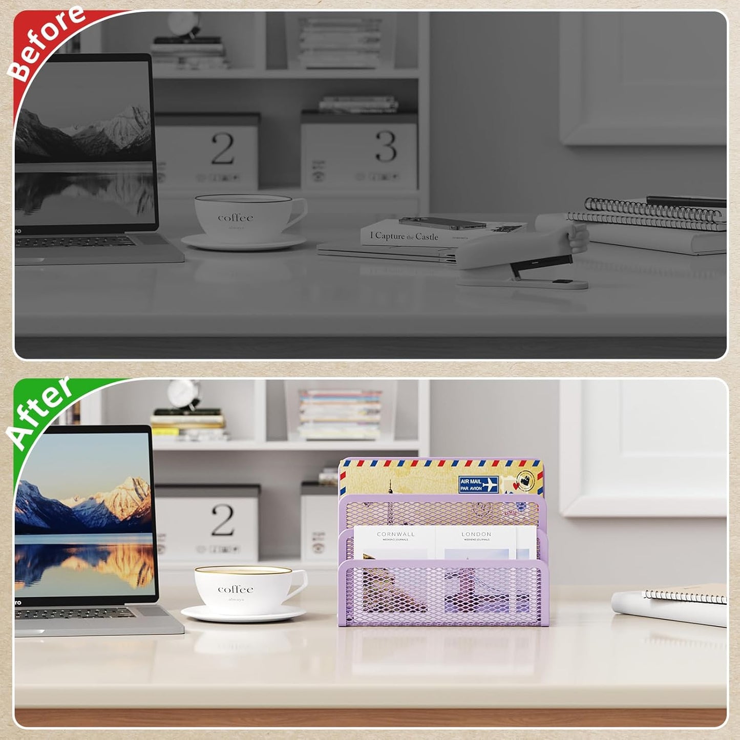 Marbrasse Mail Organizer for Desk, 3-Slot Mesh Metal Mail Holder countertop, Letter Holder, Office Desktop Envelope and Document Storage Rack (Purple)