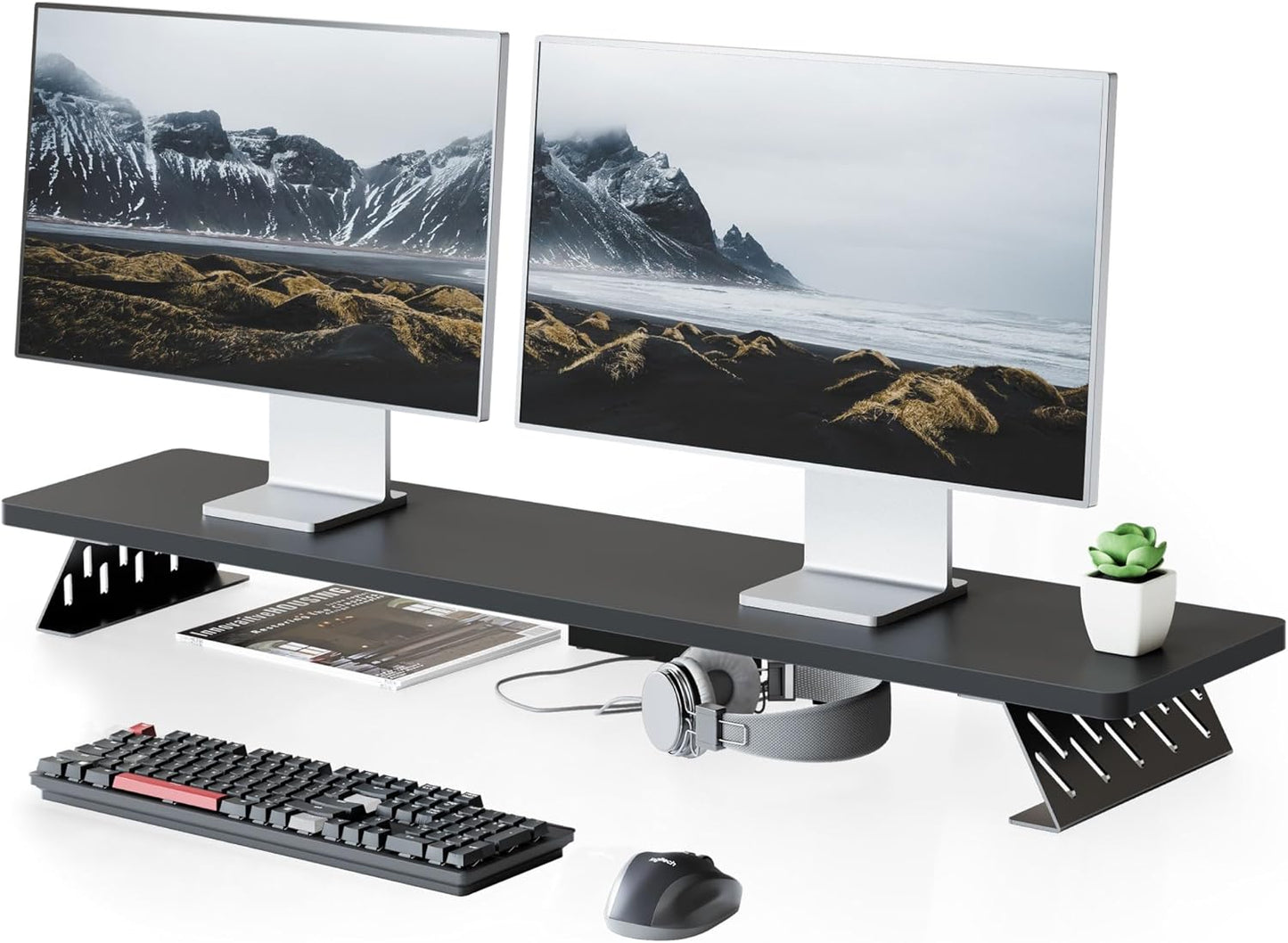 Fenge Dual Monitor Stand Riser, 42.5 Inch Desk Top Shelf for 2 Monitors, Computer Stands for Desk, Wood & Steel Desktop Riser for Laptop, PC, Printer