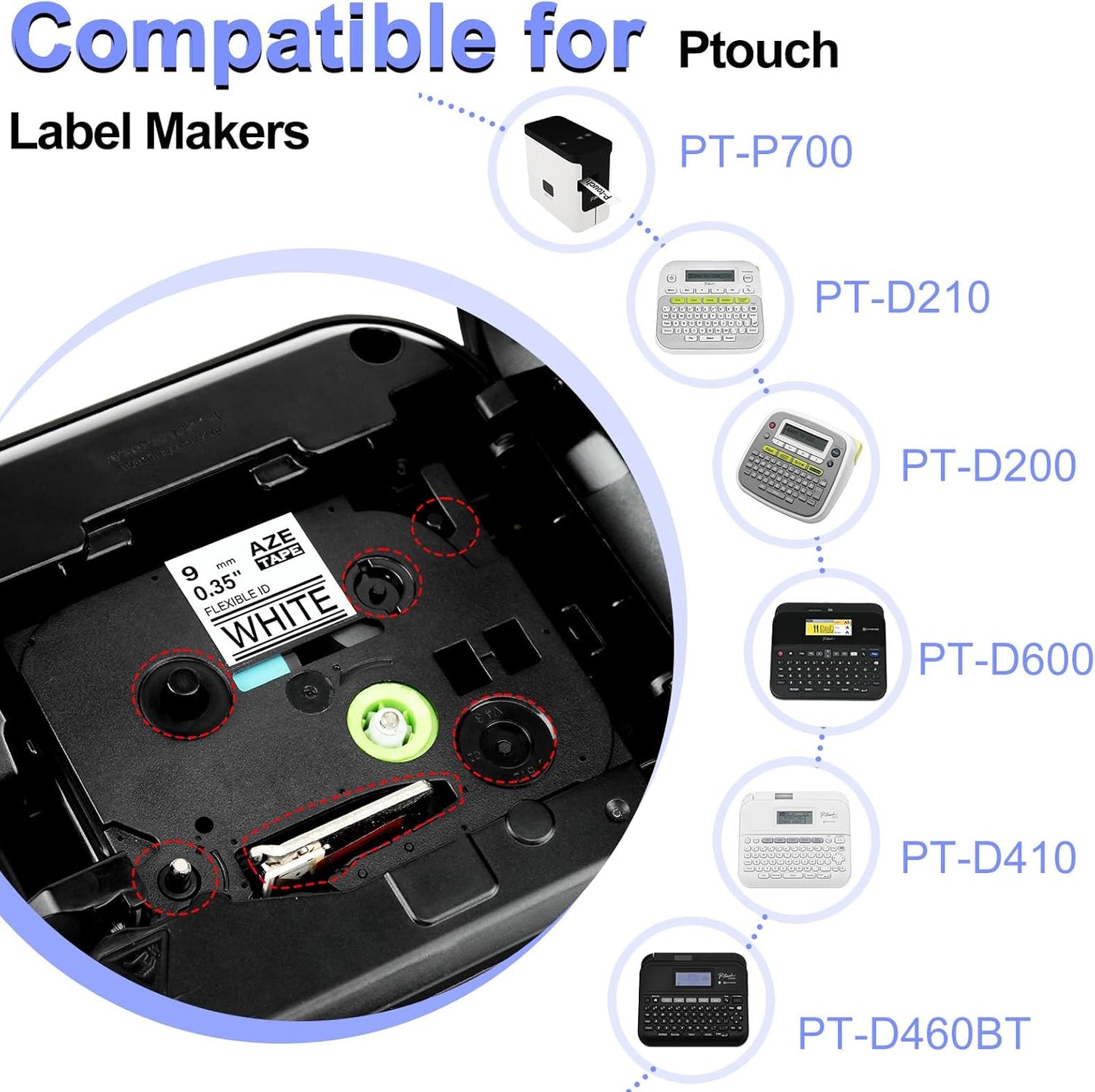 2 Pack 9mm 0.35 TZe-FX221 Laminated Tape Compatible for Ptouch TZ TZe Flexible ID Cable Wires Labels Black on White 3/8" for PT-PD200 D210 D400 D600 H100 H110 P300BT P700 P710BT